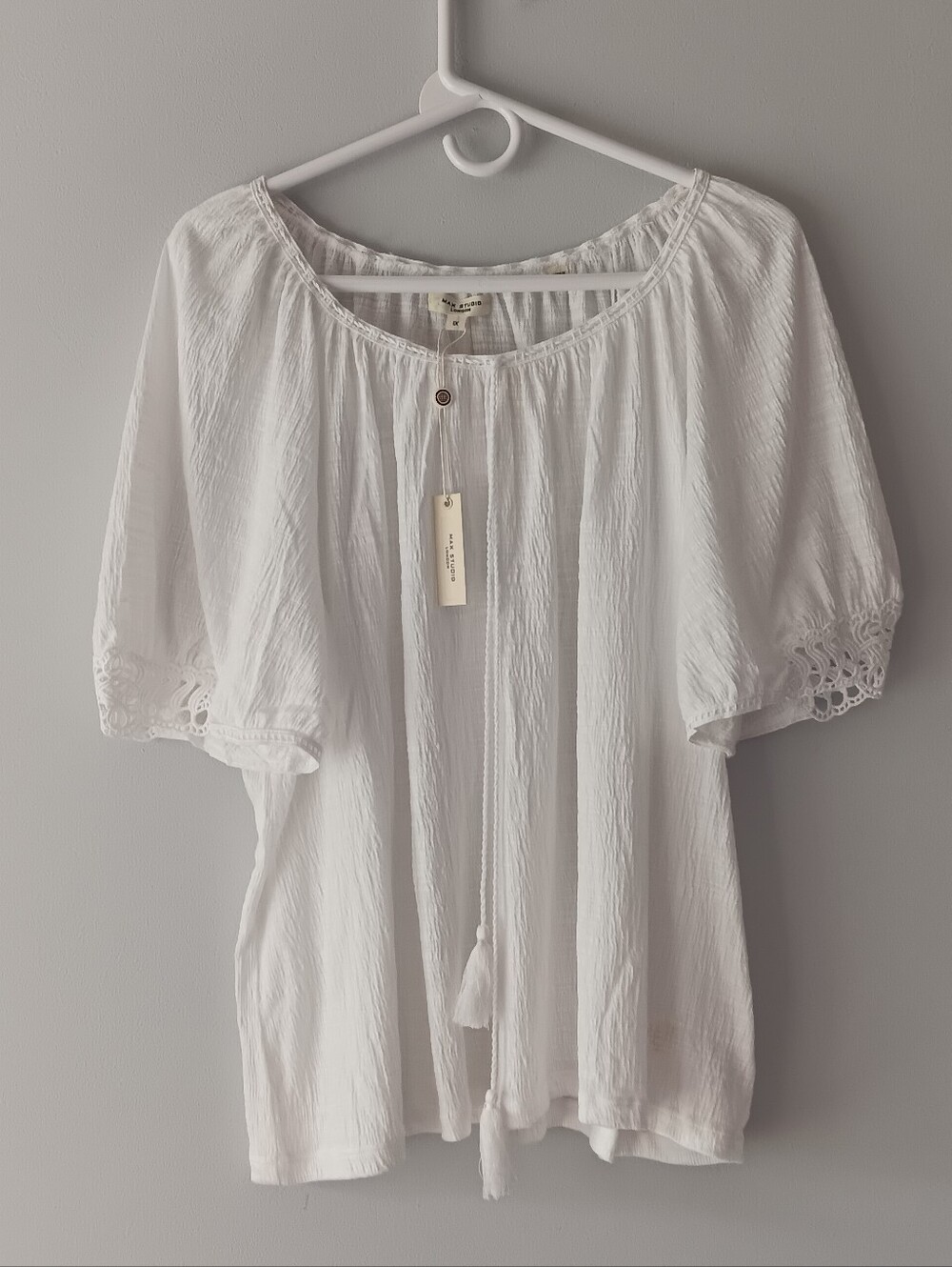 Max Studio Peasant Blouse Short-Sleeve Tassels Lace Trim Scoopneck White Size 1X